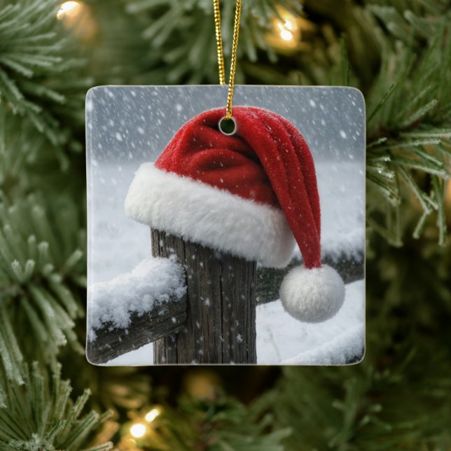 Santa Hat On a Snowy Fence Post Ceramic Ornament (Tree)