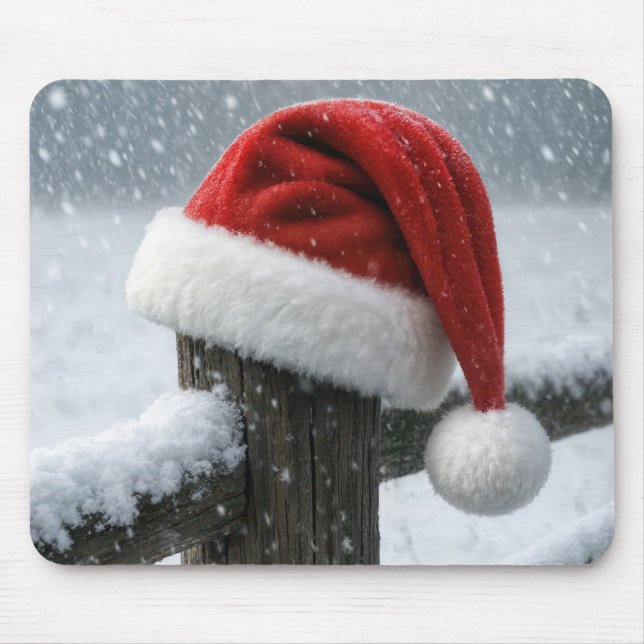 Santa Hat On a Snowy Fence Post Mouse Pad (Front)