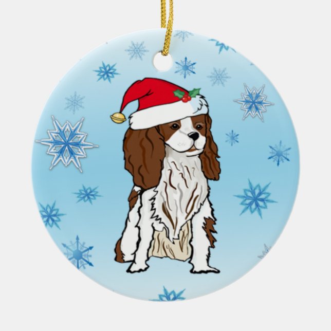 Santa Hat On Cavalier King Charles Ceramic Ornament (Front)