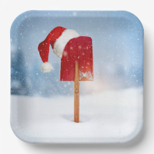 Santa Hat On Red Snow Shovel  Paper Plate