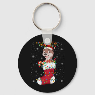 Santa Hat Otter Animal In Socks Xmas Tree Lights Keychain
