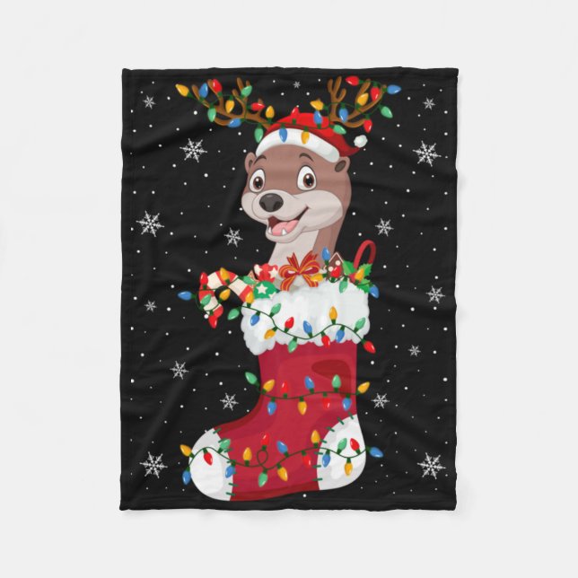 Santa Hat Otter Animal In Socks Xmas Tree Lights T Fleece Blanket (Front)
