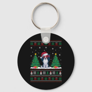 Santa Hat Papillon Dog Christmas Tree Lights Ugly Keychain