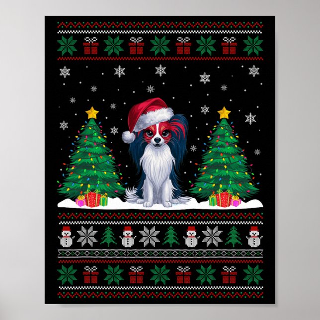 Santa Hat Papillon Dog Christmas Tree Lights Ugly  Poster (Front)