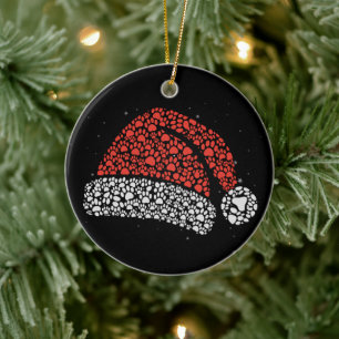 Santa Hat Paw Print Christmas Dog Lover Dogs Mom Ceramic Ornament