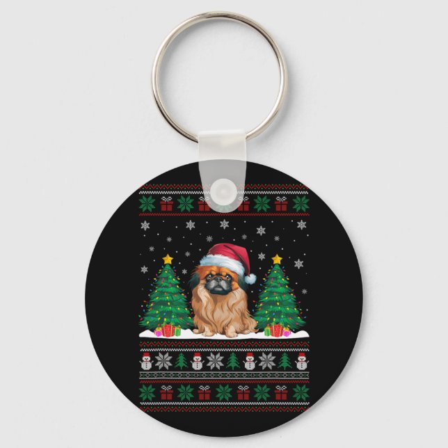 Santa Hat Pekingese Dog Christmas Tree Lights Ugly Keychain (Front)