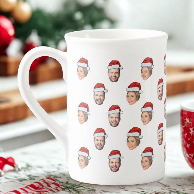 Santa Hat Personalized Face 2 Photo Christmas Gift Bone China Mug (Creator Uploaded)