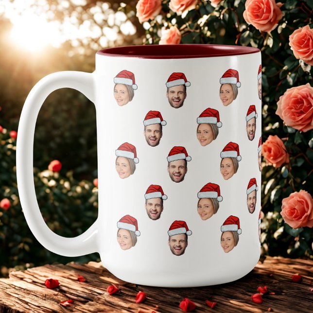 Santa Hat Personalized Face 2 Photo Christmas Gift Two-Tone Coffee Mug (Creator Uploaded)