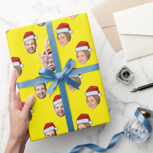 Santa Hat Personalized Face 2 Photo Christmas Gift Wrapping Paper (Gifting)