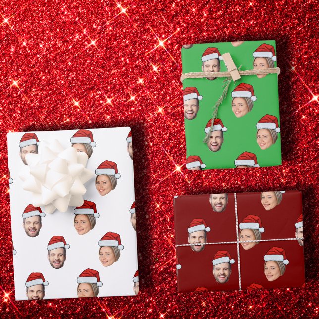 Santa Hat Personalized Face 2 Photo Christmas Gift Wrapping Paper Sheet (Creator Uploaded)