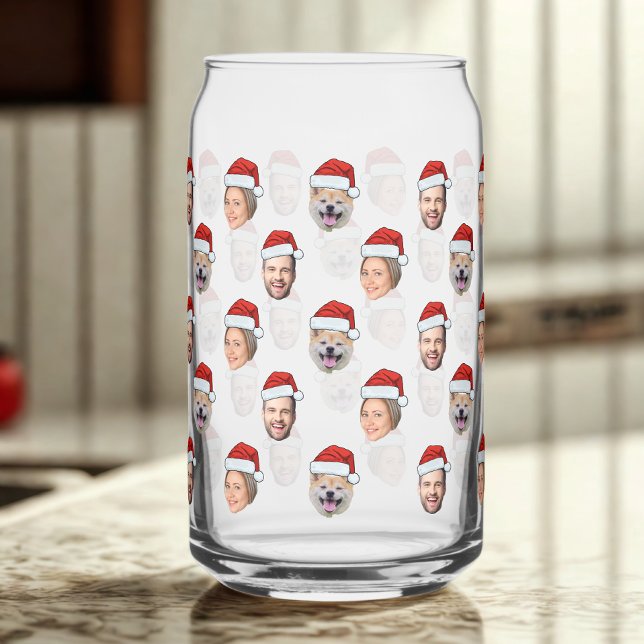 Santa Hat Personalized Face 3 Photo Christmas Gift Can Glass (Creator Uploaded)