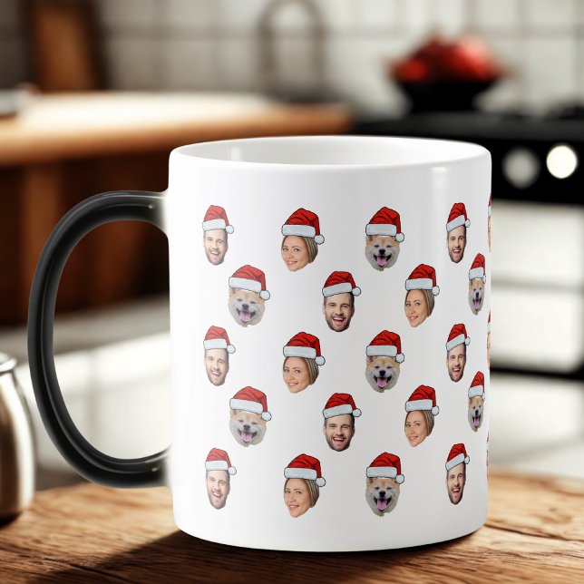 Santa Hat Personalized Face 3 Photo Christmas Gift Magic Mug (Creator Uploaded)