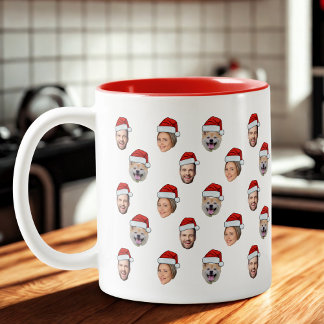 Santa Hat Personalized Face 3 Photo Christmas Gift Two-Tone Coffee Mug