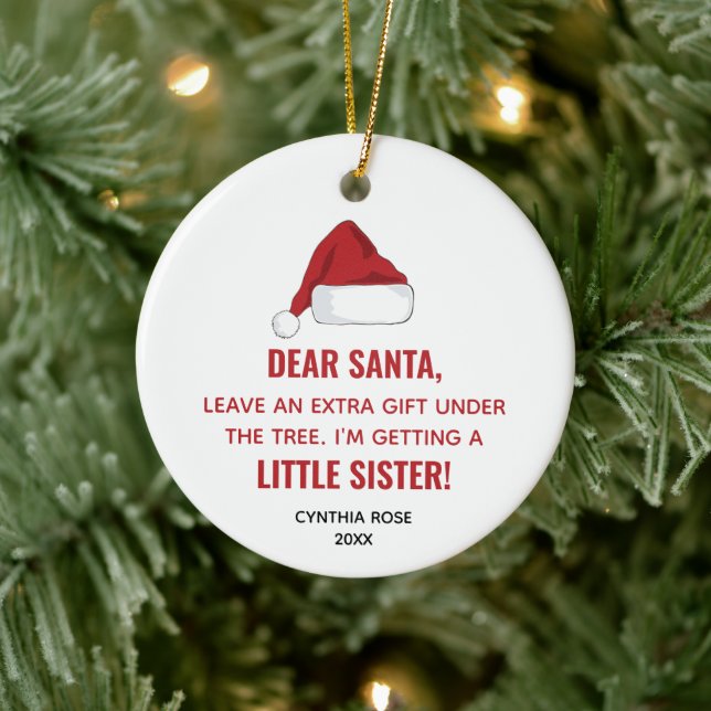 Santa Hat Personalized I'm Getting A Little Sister Ceramic Ornament (Tree)