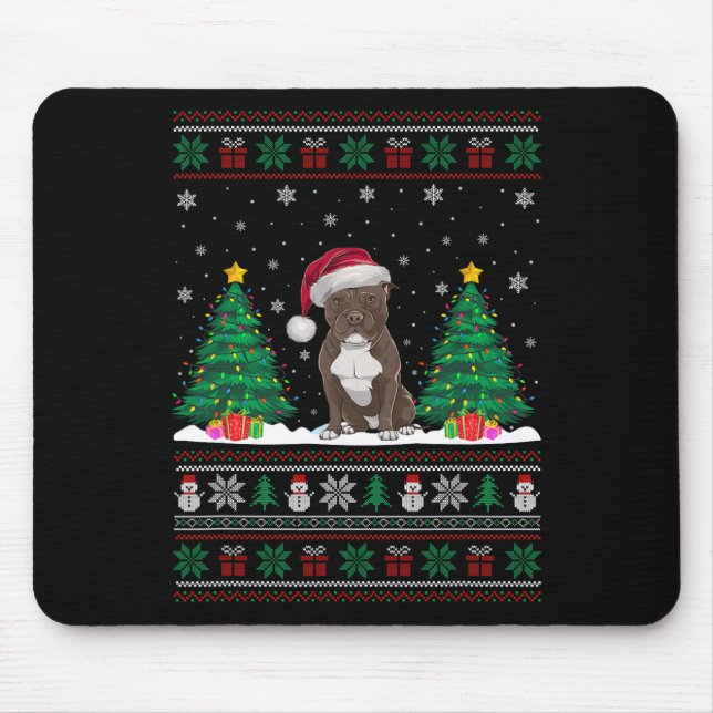 Santa Hat Pitbull Dog Christmas Tree Lights Ugly S Mouse Pad (Front)