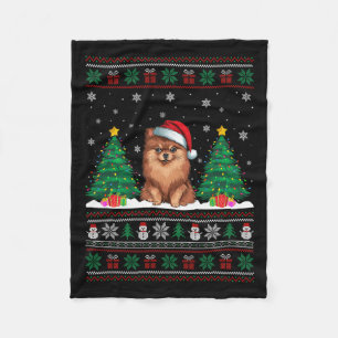 Santa Hat Pomeranian Dog Christmas Tree Lights Ugl Fleece Blanket