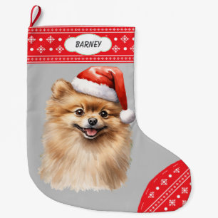 Santa Hat Pomeranian Dog Snowflake Border Large Christmas Stocking