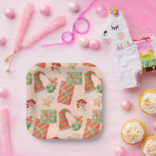 Santa Hat Presents Baubles Holly Square Paper Plate