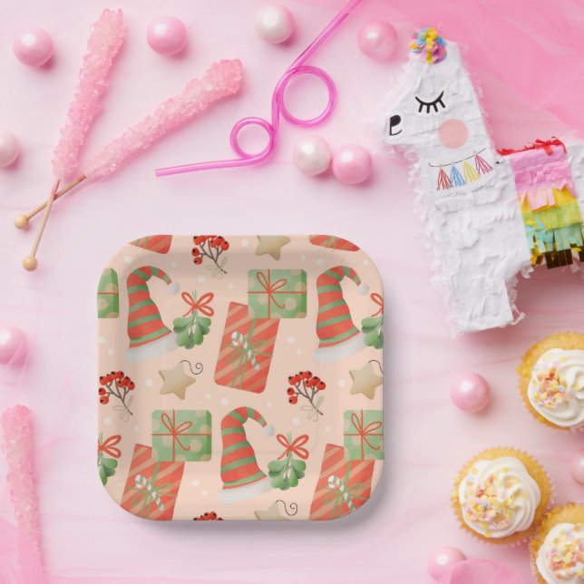 Santa Hat Presents Baubles Holly Square Paper Plate (Party)