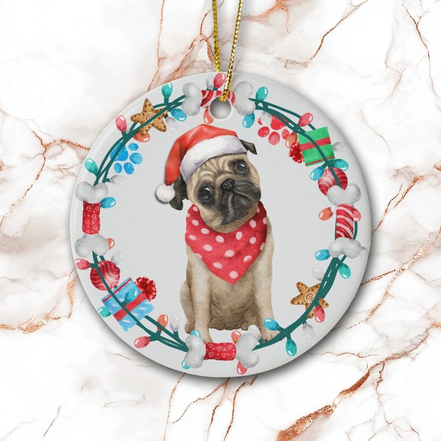 Santa Hat Pug Dog Bone Wreath Ceramic Ornament (Creator Uploaded)