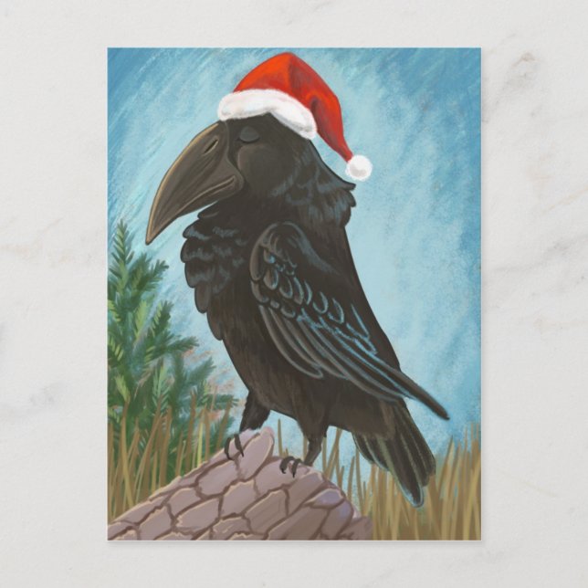 Santa Hat Raven Holiday Postcard (Front)
