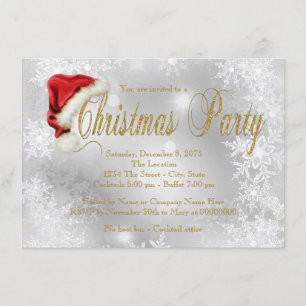 Santa Hat Red and Gold Snowflake Christmas Party Invitation