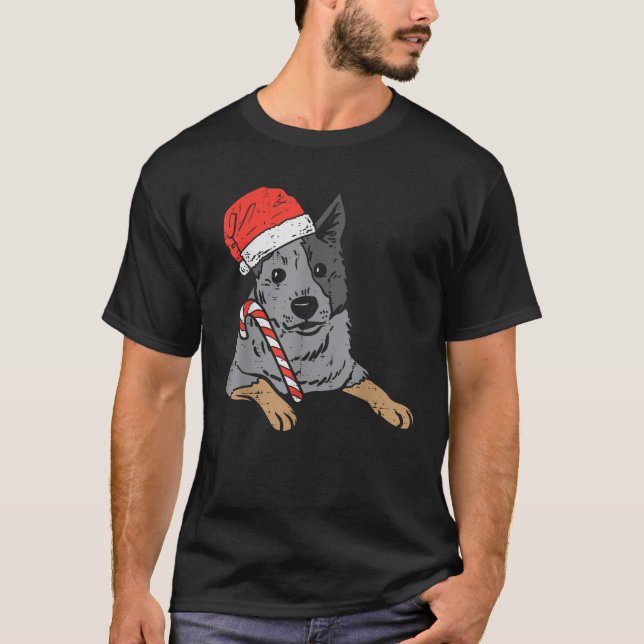 Santa Hat Red Blue Heeler Australian Cattle Dog Ch T-Shirt (Front)