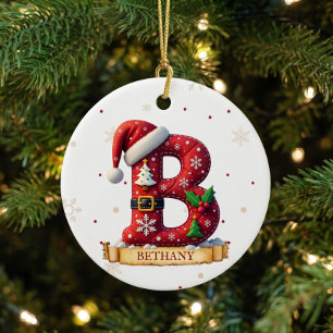 Santa Hat Red Christmas Letter B Name Ceramic Ornament