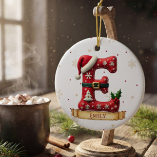 Santa Hat Red Christmas Letter E Name Ceramic Ornament