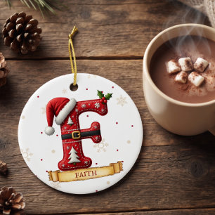 Santa Hat Red Christmas Letter F Name Ceramic Ornament