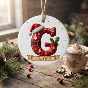 Santa Hat Red Christmas Letter G Name Ceramic Ornament