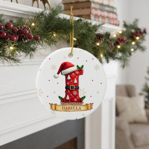 Santa Hat Red Christmas Letter I Name Ceramic Ornament