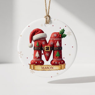 Santa Hat Red Christmas Letter M Name Ceramic Ornament