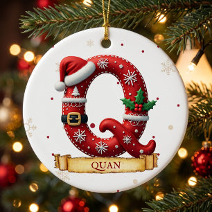 Santa Hat Red Christmas Letter Q Name Ceramic Ornament