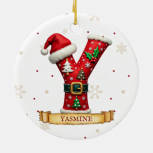 Santa Hat Red Christmas Letter Y Name Ceramic Ornament