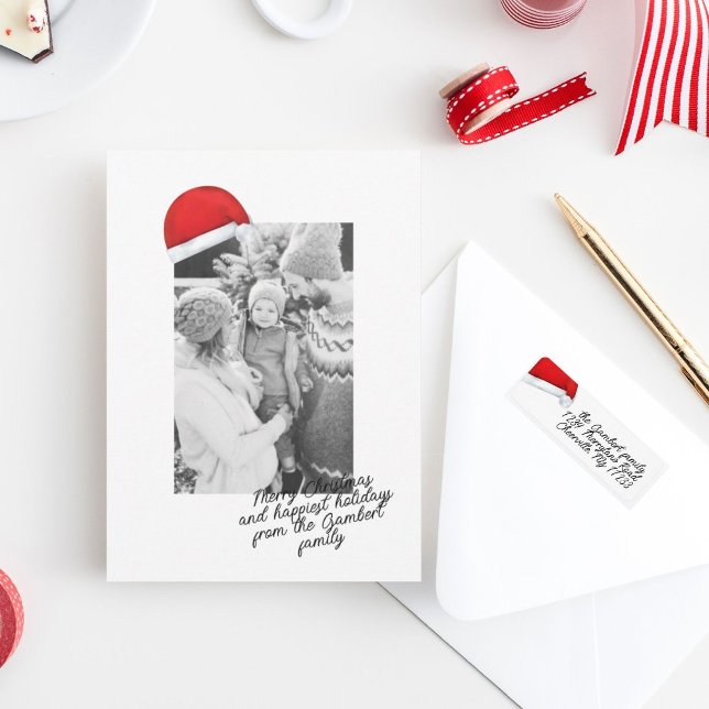 Santa Hat Red Merry Christmas Script Cheerful Holiday Card (Creator Uploaded)