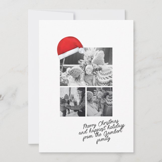 Santa Hat Red Merry Christmas Script Three Photo Holiday Card (Front)
