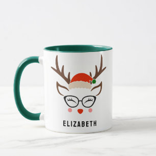 Santa Hat Reindeer Cute Girl Christmas Green Mug