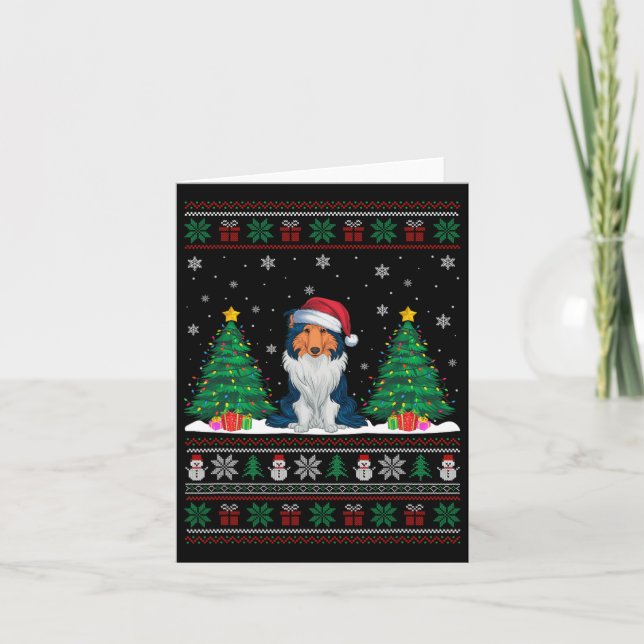 Santa Hat Rough Collie Dog Xmas Tree Lights Ugly S Card (Front)