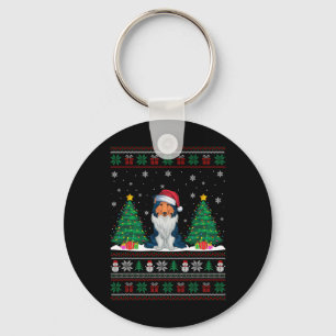 Santa Hat Rough Collie Dog Xmas Tree Lights Ugly S Keychain