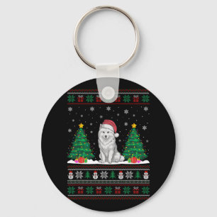 Santa Hat Samoyed Dog Christmas Tree Lights Ugly S Keychain