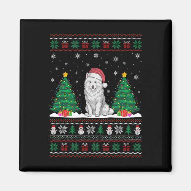 Santa Hat Samoyed Dog Christmas Tree Lights Ugly S Magnet (Front)