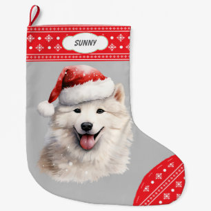 Santa Hat Samoyed Dog Snowflake Border Large Christmas Stocking