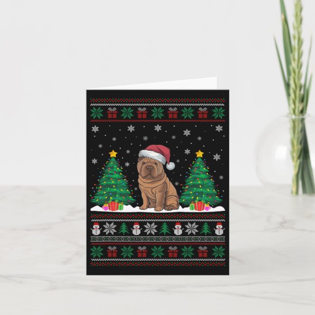 Santa Hat Shar Pei Dog Christmas Tree Lights Ugly  Card (Front)
