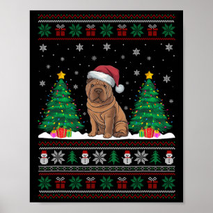 Santa Hat Shar Pei Dog Christmas Tree Lights Ugly  Poster