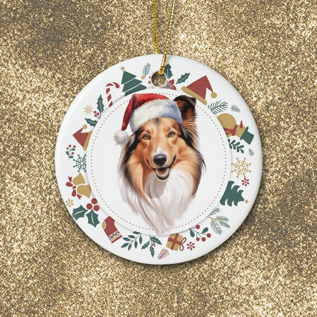 Santa Hat Shetland Sheepdog Christmas Wreath Ceramic Ornament (Creator Uploaded)