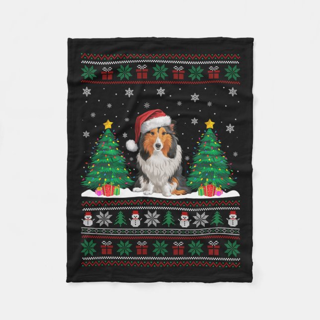 Santa Hat Shetland Sheepdog Dog Xmas Tree Light Ug Fleece Blanket (Front)