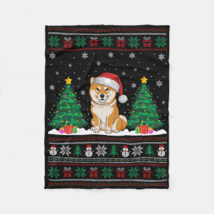 Santa Hat Shiba Inu Dog Christmas Tree Lights Ugly Fleece Blanket
