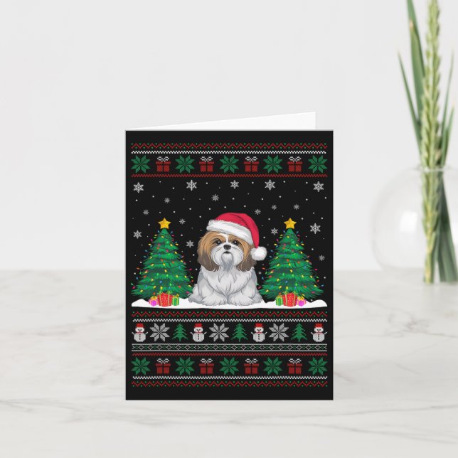 Santa Hat Shih Tzu Dog Christmas Tree Lights Ugly  Card (Front)