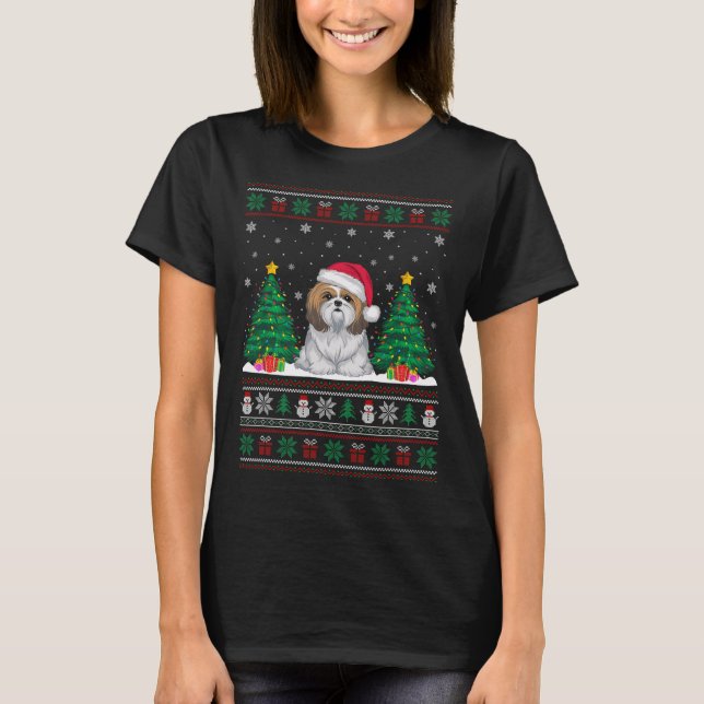Santa Hat Shih Tzu Dog Christmas Tree Lights Ugly  T-Shirt (Front)